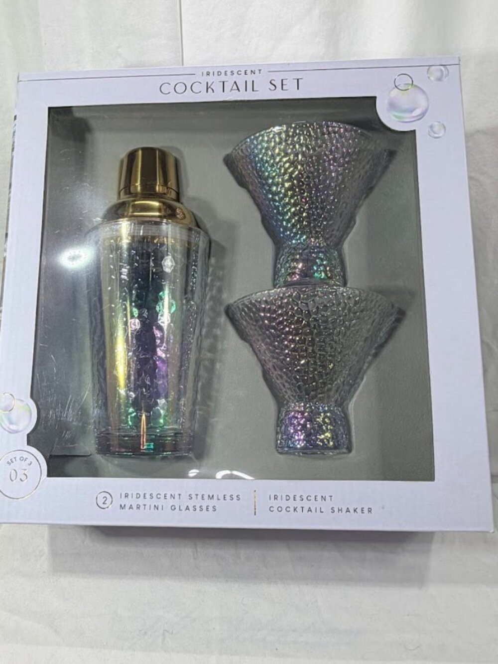 Iridescent Cocktail Set. Bar Tender Set. 3 Pieces. New In Box Never Opened